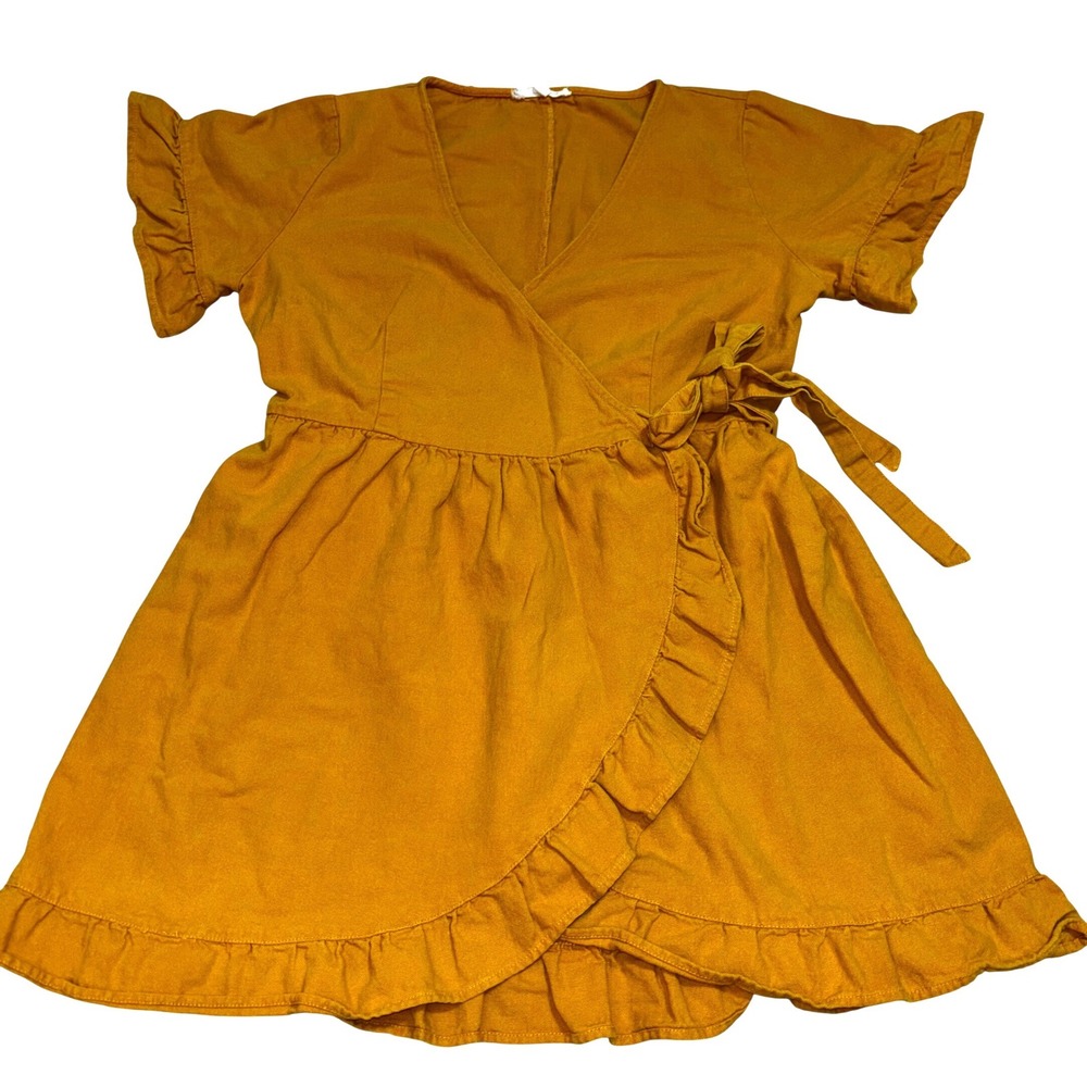 Mustard Yellow Cotton Ruffle Wrap Dress V-Neck Short Sleeve Medium‎ (E26)